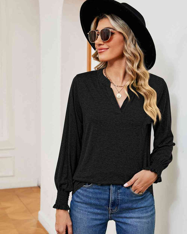 Notched Neck Long Sleeve Blouse