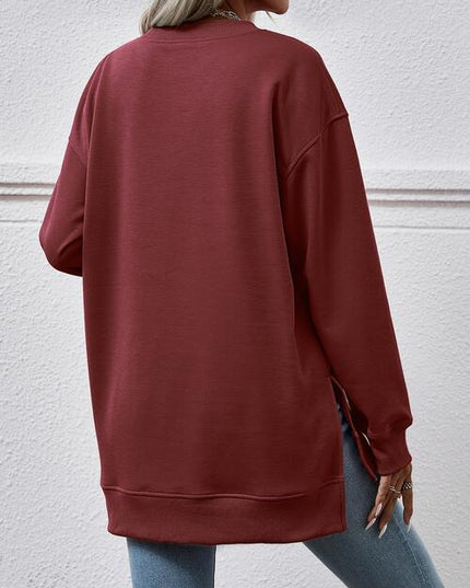 V-Neck Slit Long Sleeve Sweatshirt