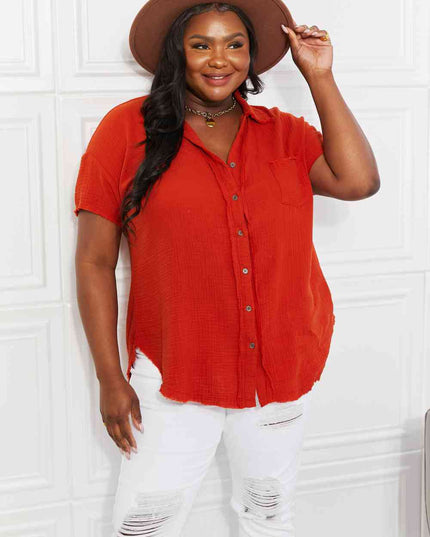 Zenana Full Size Summer Breeze Gauze Short Sleeve Shirt in Copper