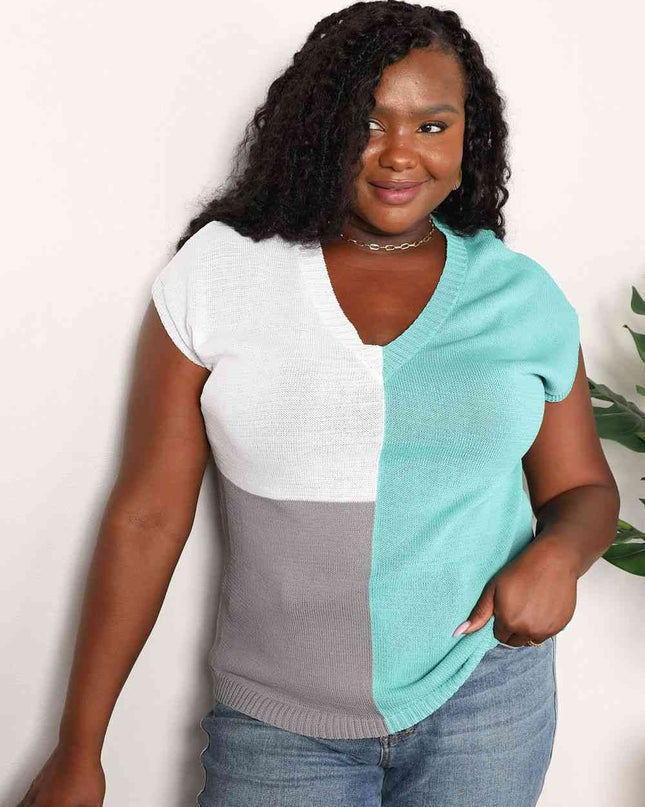 Double Take Color Block V-Neck Knit Top