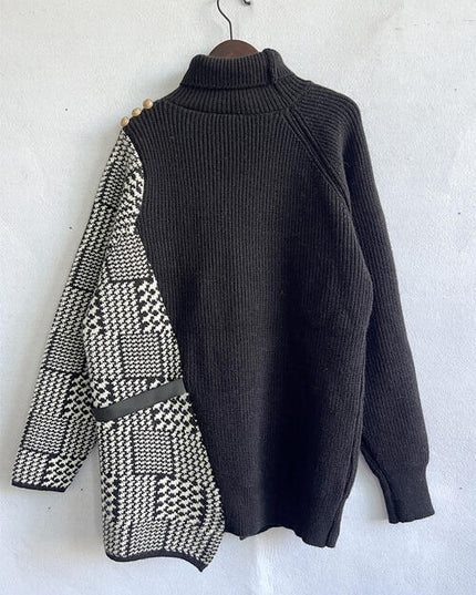 Houndstooth Turtleneck Long Sleeve Slit Sweater
