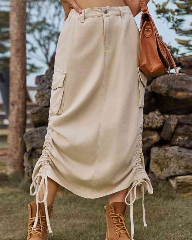 Drawstring Denim Skirt with Pockets