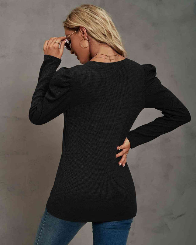 Waffle-Knit Puff Sleeve Round Neck Top