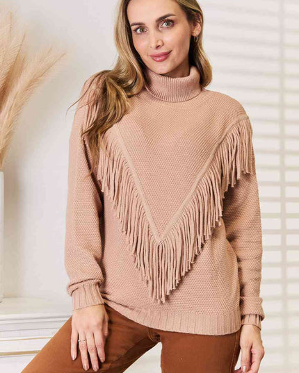 Woven Right Turtleneck Fringe Front Long Sleeve Sweater