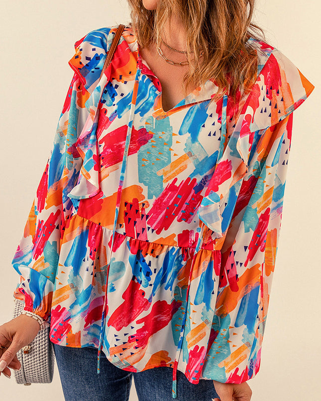 Brush Stroke Ruffled Tie Neck Blouse