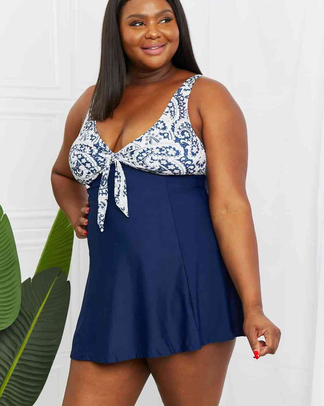 Marina West Swim Full Size Sail With Me V-Neck Swim Dress in Paisley Navy
