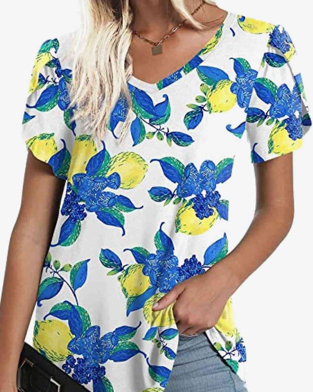 Printed Petal Sleeve V-Neck Blouse
