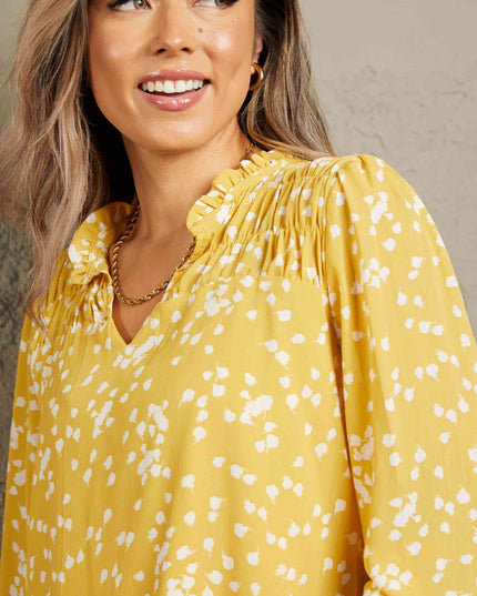 Double Take Printed Notched Neck Smocked Blouse