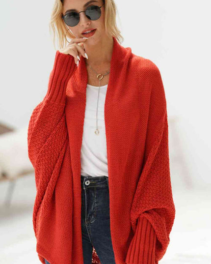Double Take Dolman Sleeve Open Front Ribbed Trim Longline Cardigan