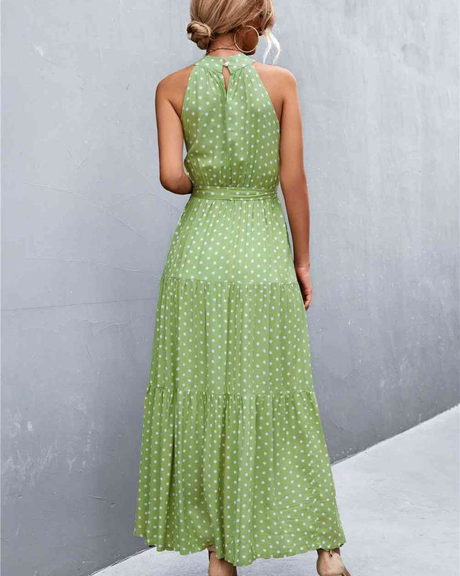 Printed Sleeveless Tie Waist Maxi Dress