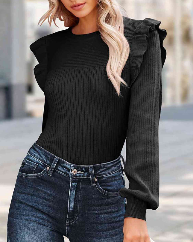 Ribbed Ruffled Round Neck Long Sleeve Knit-Top