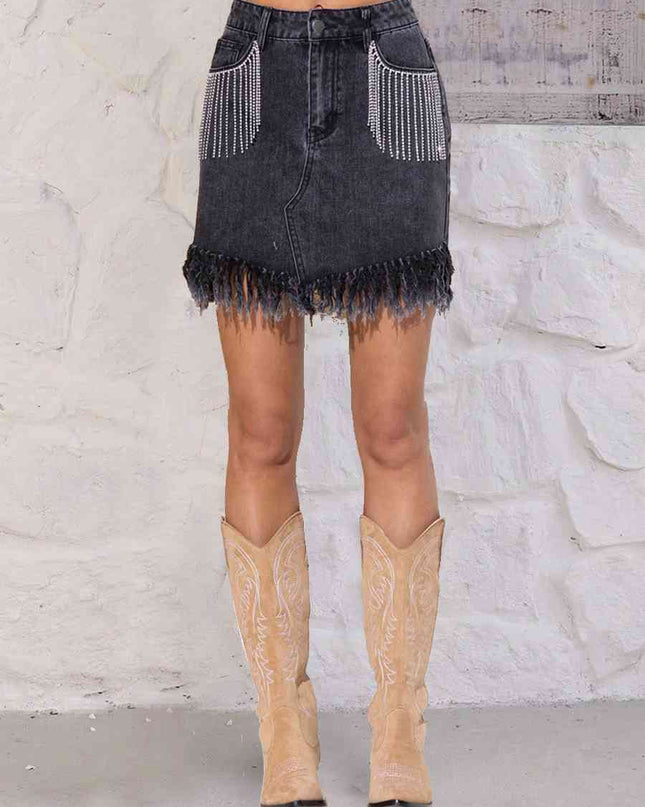 Rhinestone Fringe Denim Skirt
