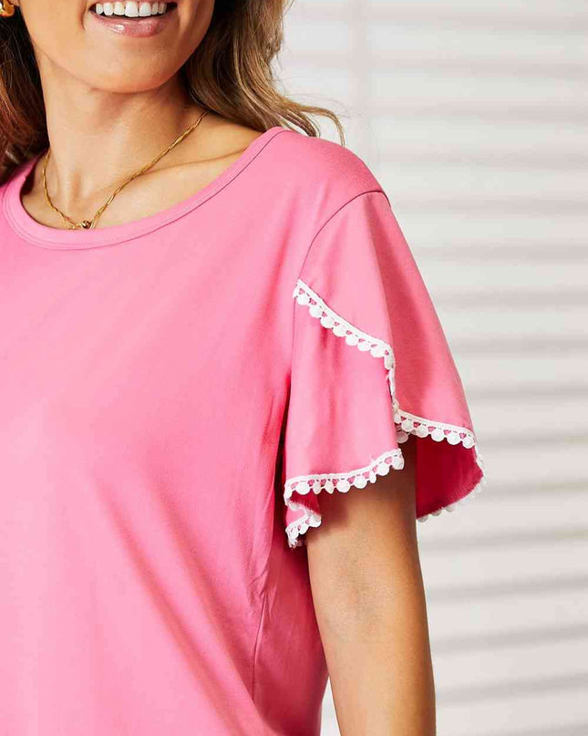 Double Take Pom-Pom Trim Flutter Sleeve Round Neck T-Shirt