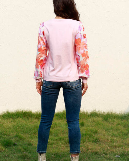 Floral Lantern Sleeve Round Neck Blouse