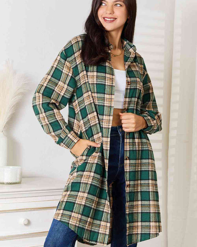 Double Take Plaid Collared Neck Long Sleeve Shirt