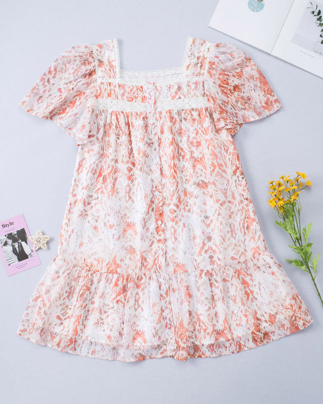 Spliced Lace Buttoned Square Neck Puff Sleeve Mini Dress
