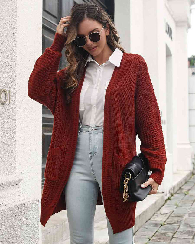 Open Front Rib-Knit Cardigan with Pockets