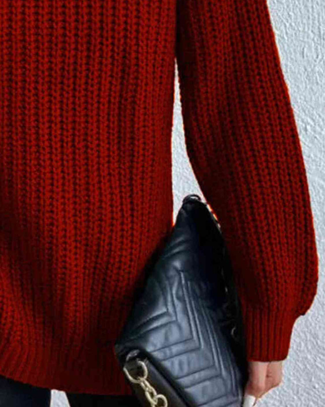 Full Size Turtleneck Rib-Knit Slit Sweater