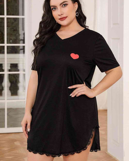 Plus Size Lace Trim V-Neck Short Sleeve Night Dress