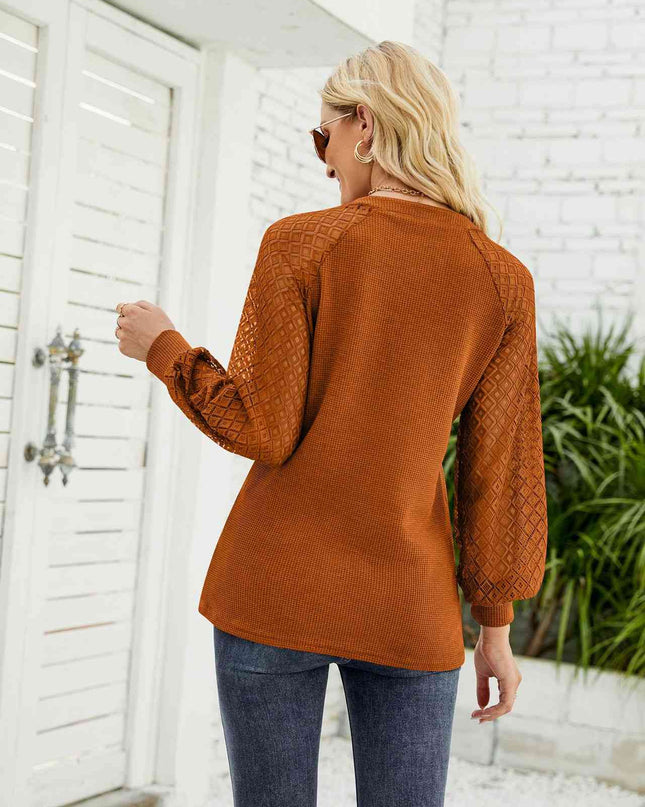 Waffle-Knit Spliced Lace Notched Top