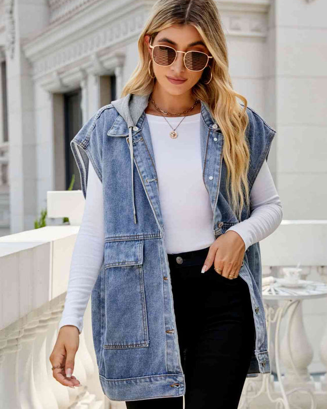Hooded Sleeveless Denim Top with Pockets