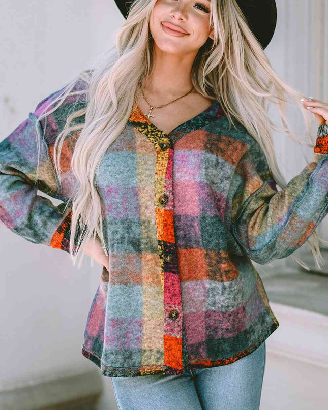 Plaid V-Neck Button Down Jacket