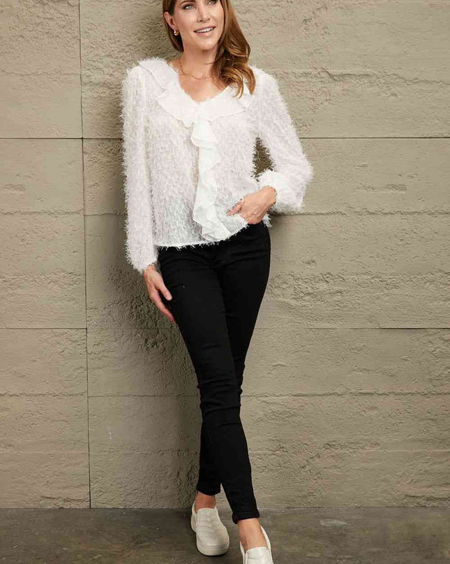 Double Take Ruffle Hem Fringe V-Neck Balloon Sleeve Blouse