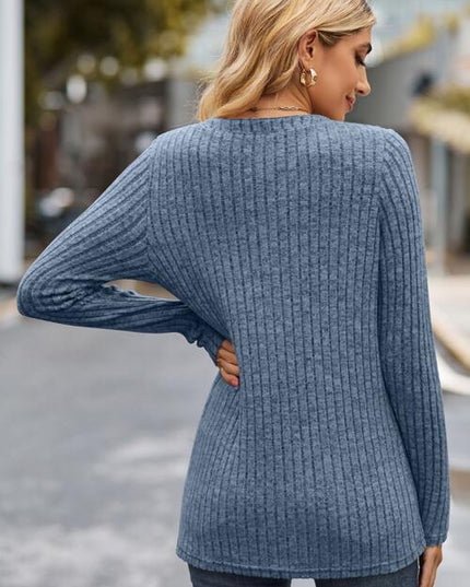 Ribbed Half Button Long Sleeve Knit Top