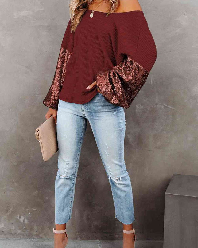 Sequin Waffle-Knit Blouse