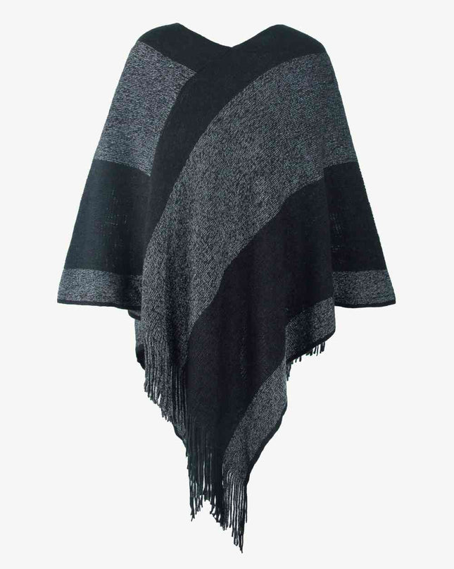 Color Block Fringe Hem Poncho