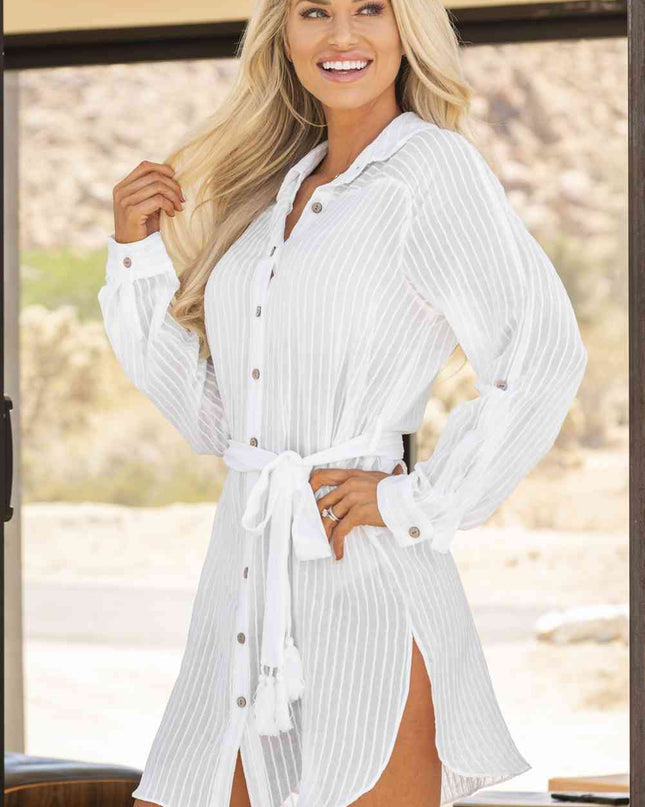 Belted Button-Front Cover-Up Shirt Dress