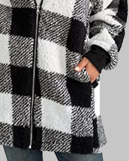 Plaid Zip-Up Hooded Jacket with Pockets
