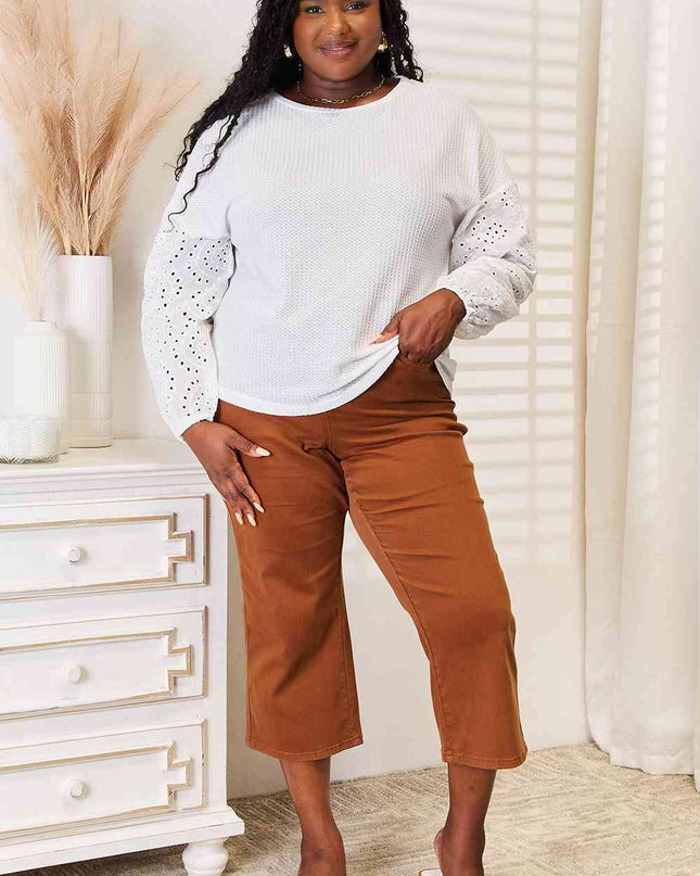 Double Take Eyelet Dropped Shoulder Round Neck Blouse