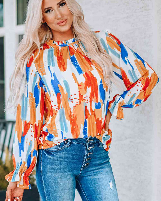 Paint Print Ruffle Collar Flounce Sleeve Top