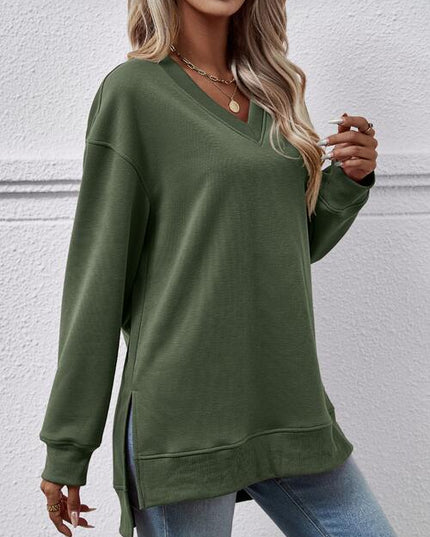 V-Neck Slit Long Sleeve Sweatshirt