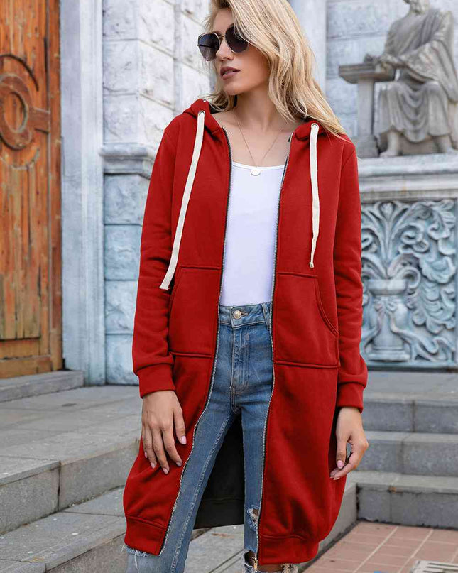 Zip-Up Longline Hoodie with Pockets
