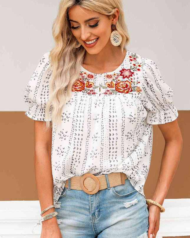 Embroidered Round Neck Flounce Sleeve Blouse