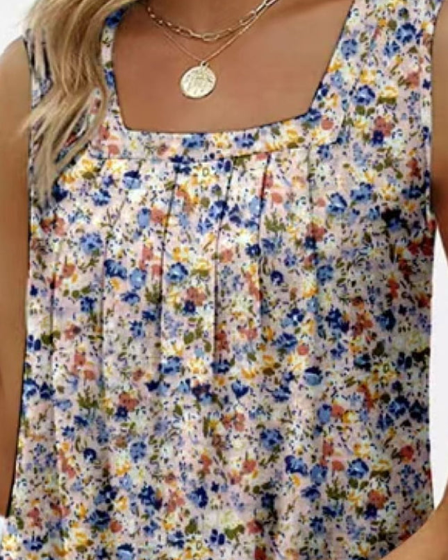 Printed Square Neck Curved Hem Tank