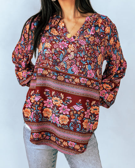 Bohemian Balloon Sleeve Notched Neck Blouse
