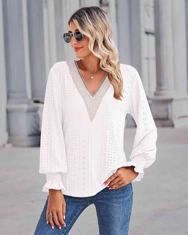V-Neck Eyelet Flounce Sleeve Blouse