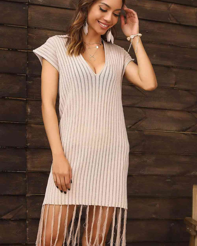 Fringe Hem Short Sleeve Deep V Cover Up Dress