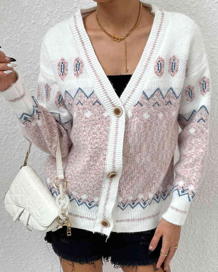 Printed Long Sleeve V-Neck Cardigan