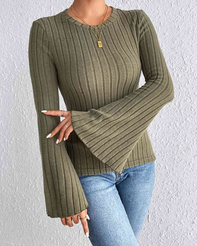 Ribbed Round Neck Flare Sleeve Top