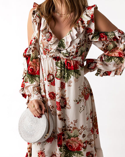 Floral Cold-Shoulder Ruffled Dress