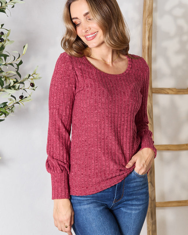 Double Take Ribbed Round Neck Lantern Sleeve Blouse