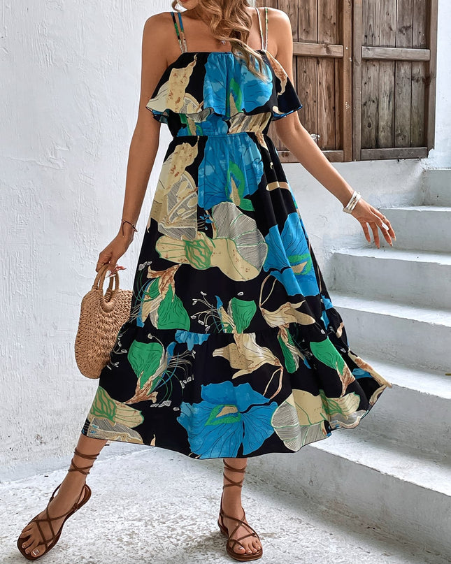 Floral Double-Strap Ruffle Hem Dress