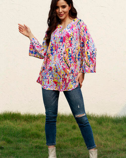 Plus Size Printed Notched Long Sleeve Blouse