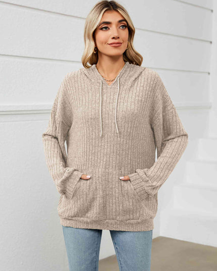 Drawstring Dropped Shoulder Ribbed Hoodie