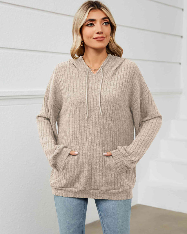 Drawstring Dropped Shoulder Ribbed Hoodie