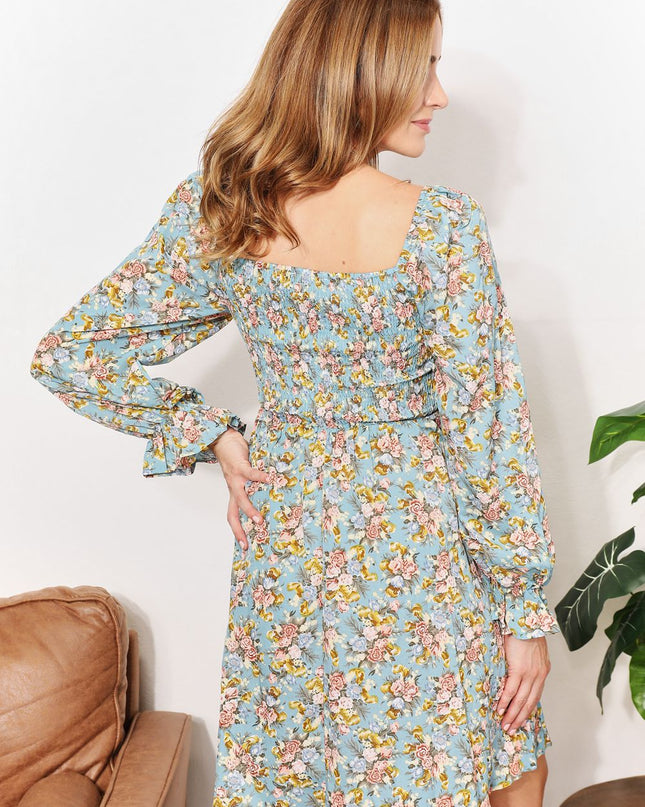 Double Take Floral Smocked Flounce Sleeve Square Neck Dress